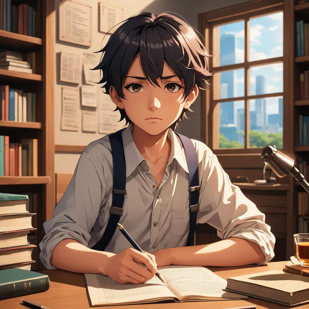 a man sitting at a desk with a pen and paper in front of him and a bookcase full of books, remodernism, a character portrait, Aguri Uchida, official art