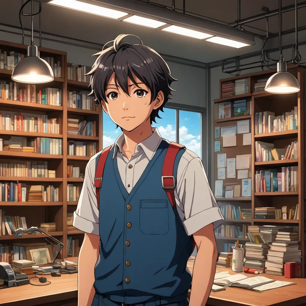 a man standing in front of a library filled with books and a lamp hanging from the ceiling of a room, remodernism, a character portrait, Aguri Uchida, official art