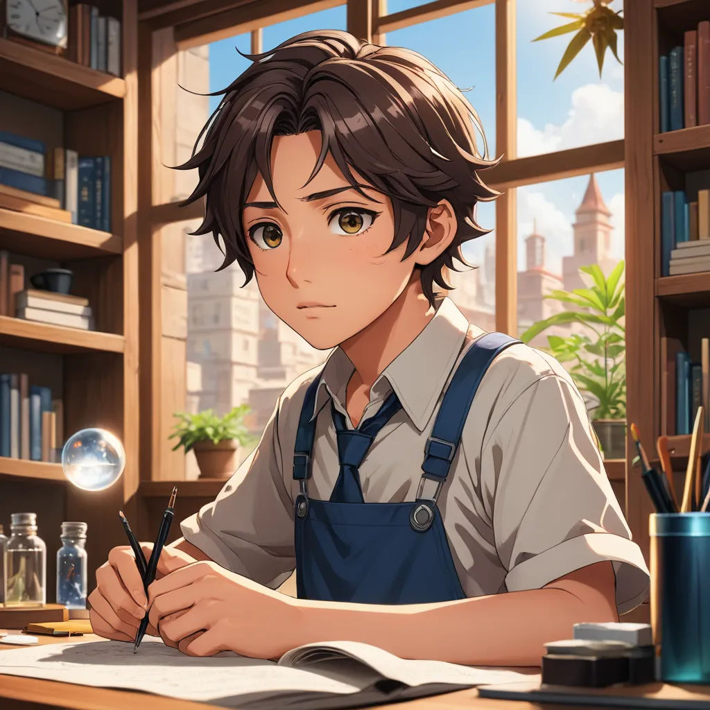 a man sitting at a desk with a pen and paper in front of him and a bookcase in the background, sots art, a character portrait, Armin Hansen, official art