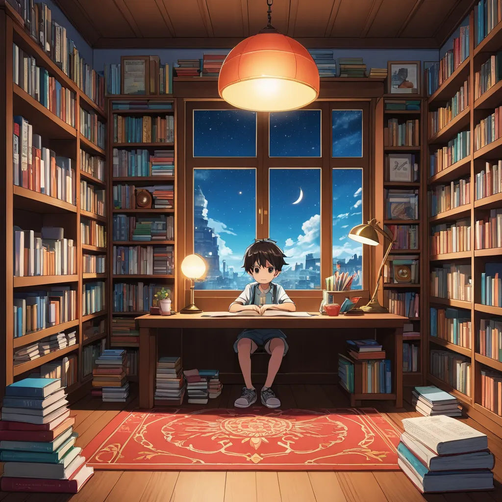 a girl sitting at a desk in a library with books on the shelves and a lamp above her head, magic realism, a storybook illustration, Chris LaBrooy, kyoto animation