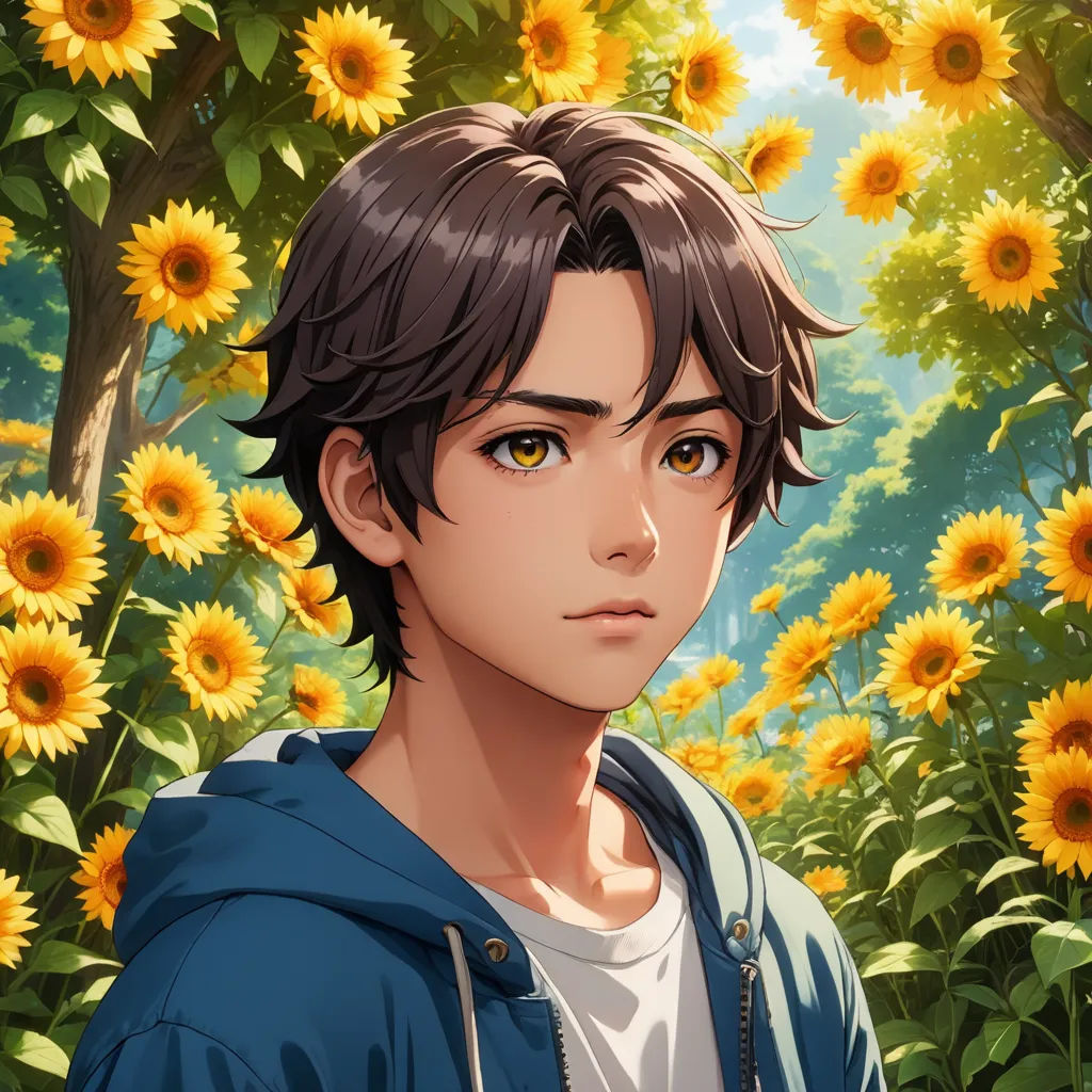 a man standing in front of a field of sunflowers with a blue jacket on and a hoodie on, sots art, a character portrait, Armin Hansen, official art