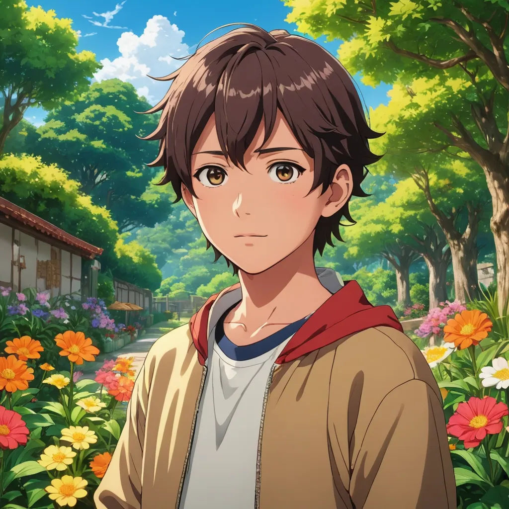 a young man standing in front of a flower garden with trees and flowers around him and a house in the background, sots art, a character portrait, Adam Manyoki, official art