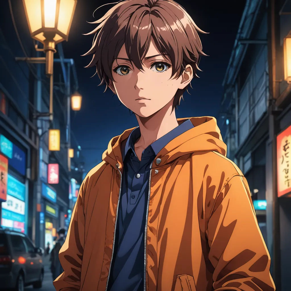 a man in a yellow jacket standing on a street at night with a street light in the background and a car parked on the side of the road, rayonism, a character portrait, Cedric Seaut (Keos Masons), official art