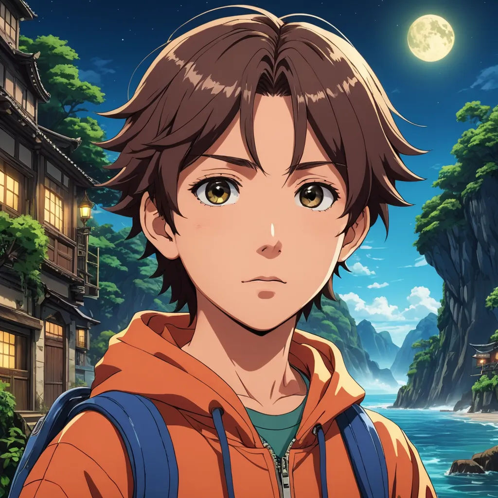 a young man with a backpack looking at the camera in front of a mountain and river at night with a full moon, sots art, a character portrait, Eizan Kikukawa, official art