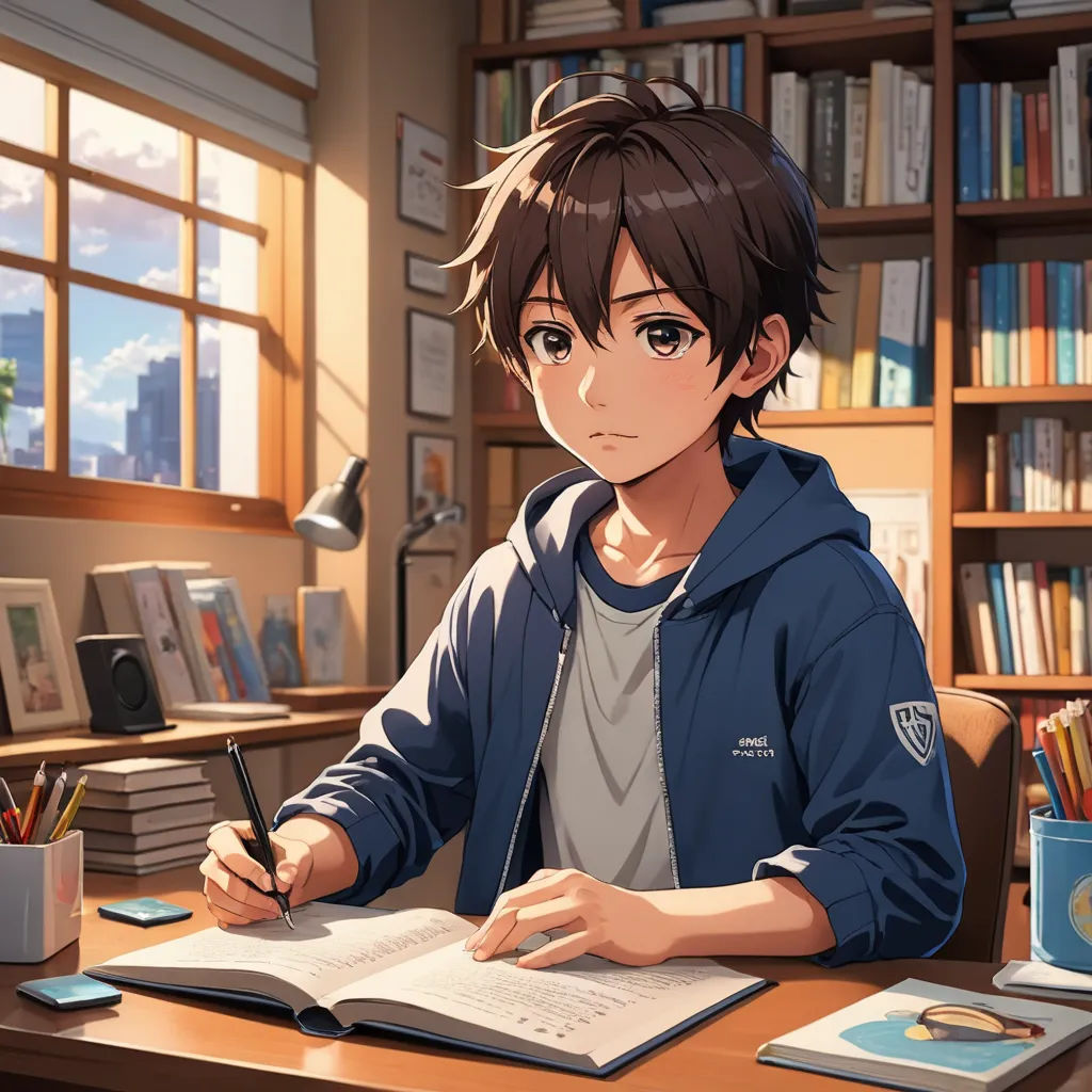 a boy sitting at a desk with a book and pen in his hand and a book in front of him, sots art, computer graphics, Aguri Uchida, official art