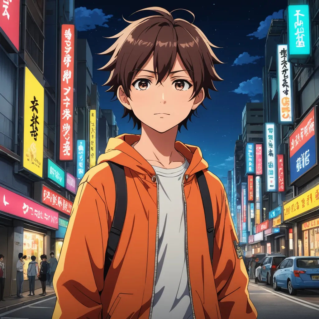 a man in an orange jacket standing in front of a city street at night with neon signs and buildings, shock art, a character portrait, Ai-Mitsu, anime key visual