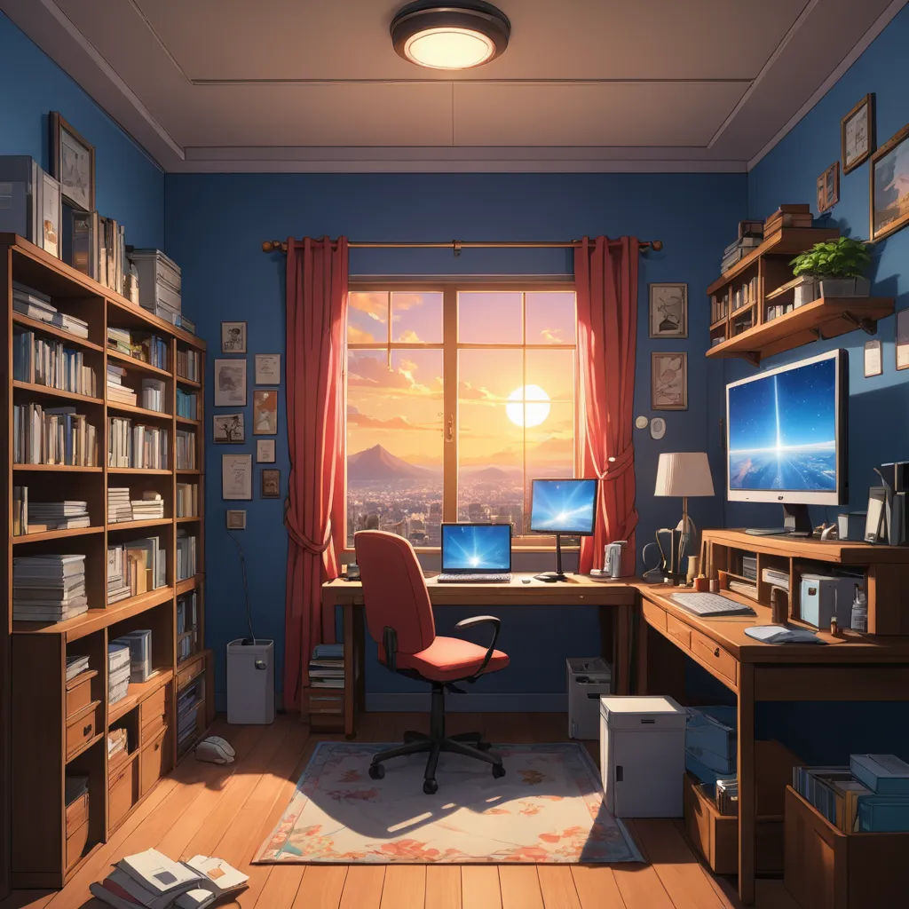 a computer desk sitting in a room under a window next to a book shelf filled with books and a computer, computer art, computer graphics, Evgeny Lushpin, rossdraws global illumination