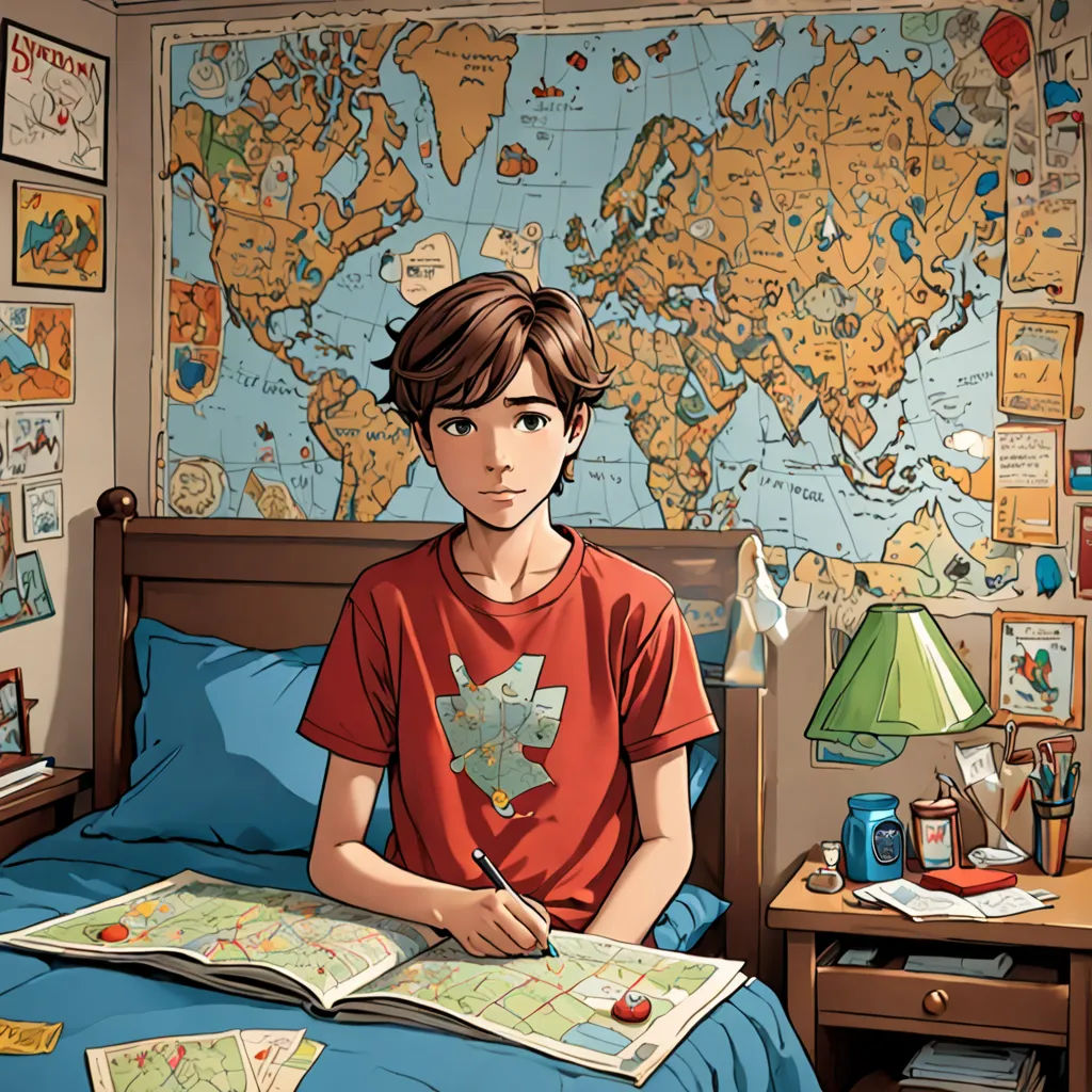 a boy sitting in bed with a map on the wall behind him and a lamp on the nightstand next to him, photorealism, a comic book panel, Cedric Seaut (Keos Masons), rossdraws global illumination