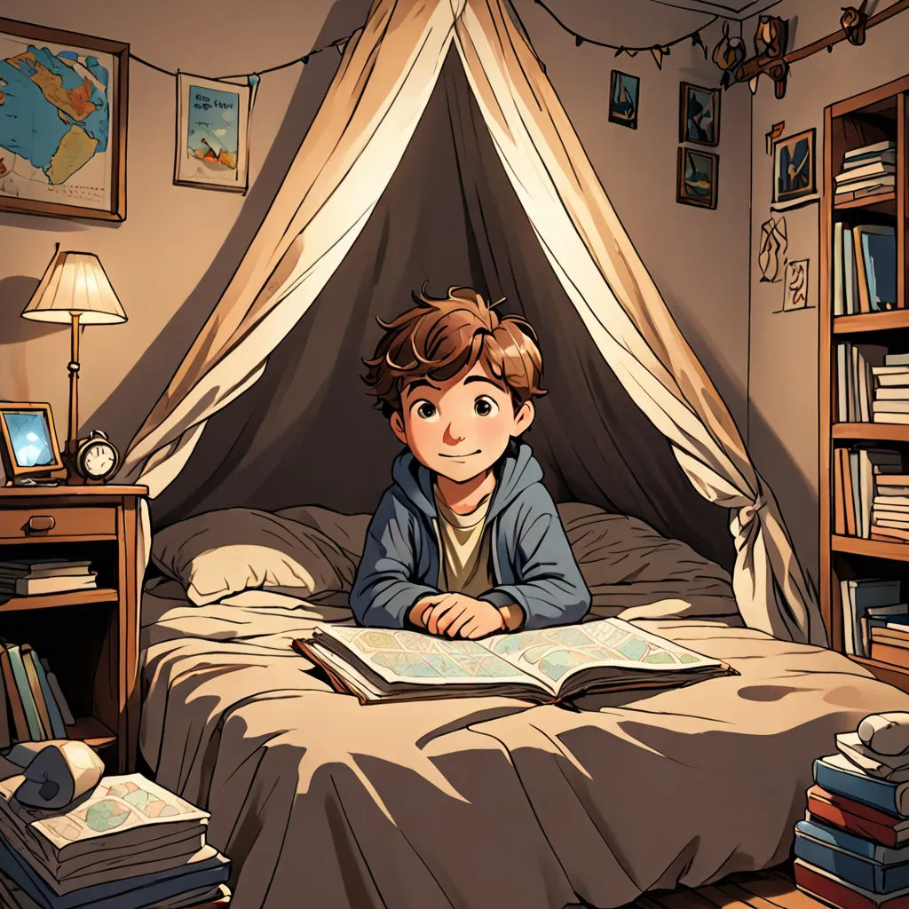 a boy laying in bed reading a book with a canopy over him and a map on the wall behind him, fantasy art, a storybook illustration, Diego Gisbert Llorens, rossdraws global illumination
