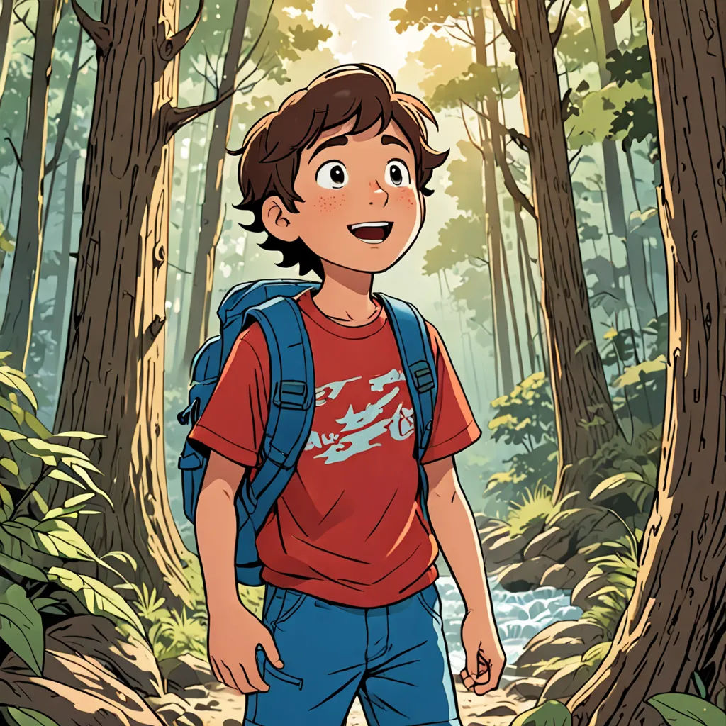 a boy with a backpack is walking through the woods in the sunlight, with a trail in the background, process art, a storybook illustration, Asaf Hanuka, rossdraws global illumination