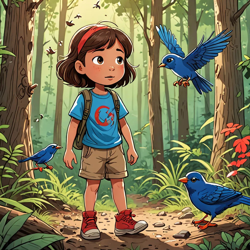 a young girl standing in the middle of a forest with birds flying around her and a blue bird flying above her, context art, a storybook illustration, Cliff Childs, storybook illustration