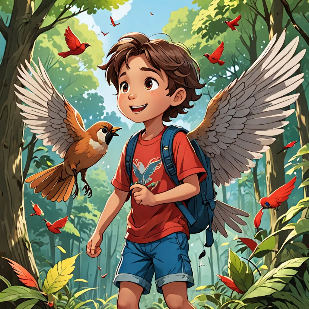 a boy with a backpack and a bird in the forest with butterflies flying around him and a bird on his shoulder, fantasy art, a storybook illustration, Cliff Childs, rossdraws global illumination