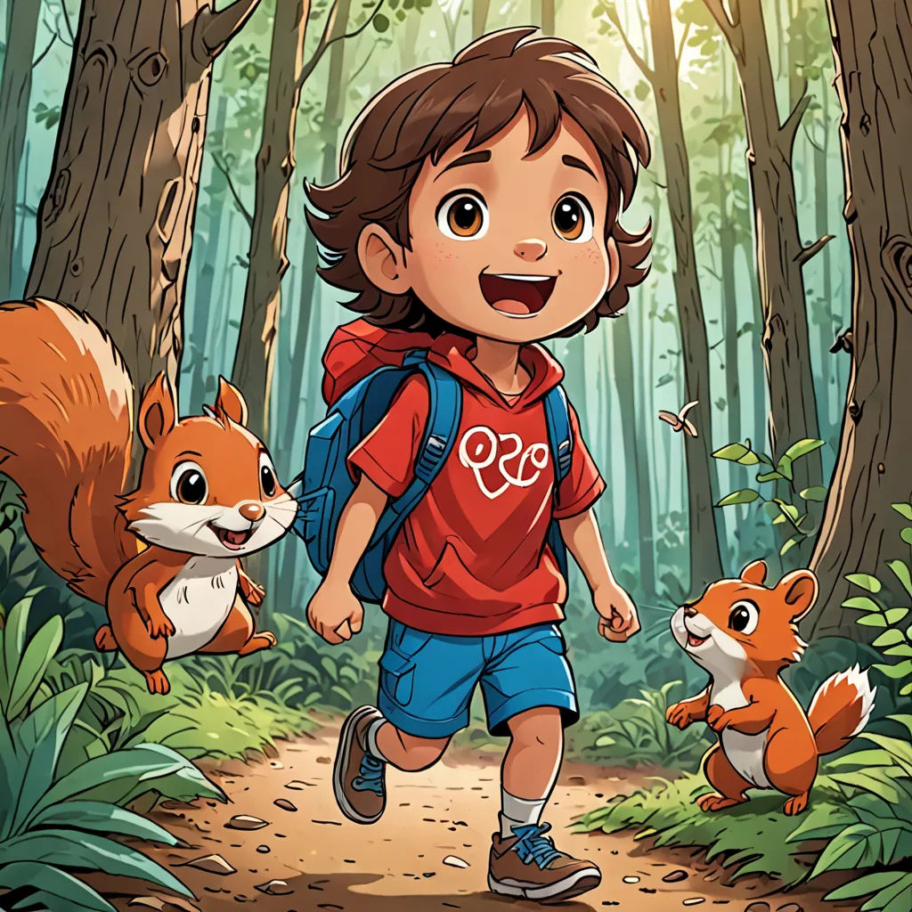 a boy with a backpack and two squirrels in the woods with trees and grass behind him, with a forest background, lyco art, a storybook illustration, Diego Gisbert Llorens, promotional image
