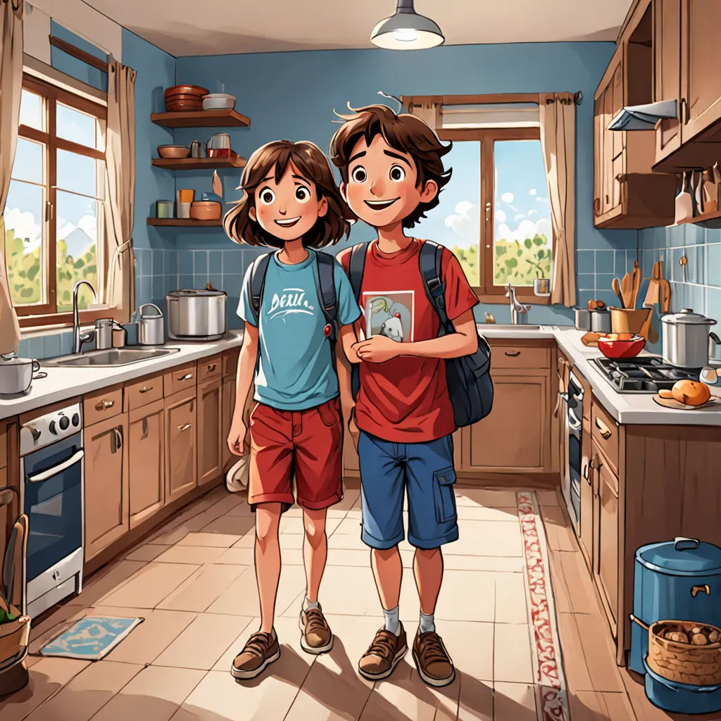 a boy and a girl standing in a kitchen with a blue wall and a blue stove top oven and a blue wall, photorealism, a storybook illustration, Diego Gisbert Llorens, rossdraws global illumination