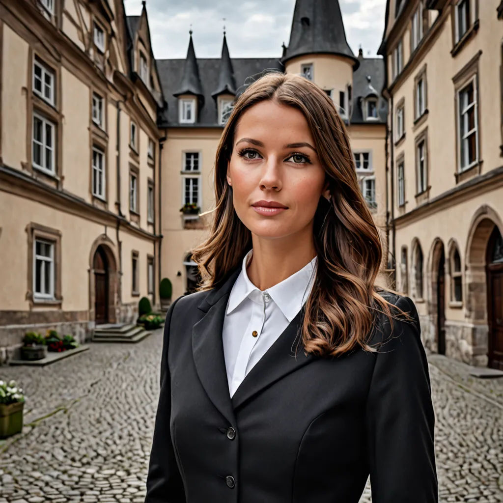 a woman in a suit standing in front of a building with a clock tower on it's side, arbeitsrat für kunst, a character portrait, Christian Hilfgott Brand, professional