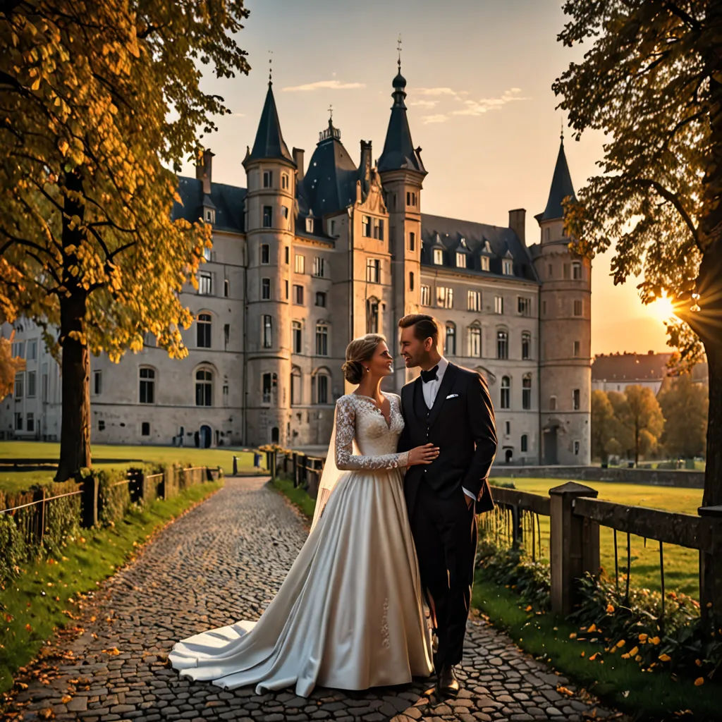 a bride and groom standing in front of a castle at sunset or sunrise time, in a wedding dress, german romanticism, a storybook illustration, Florence Engelbach, beautifully backlit
