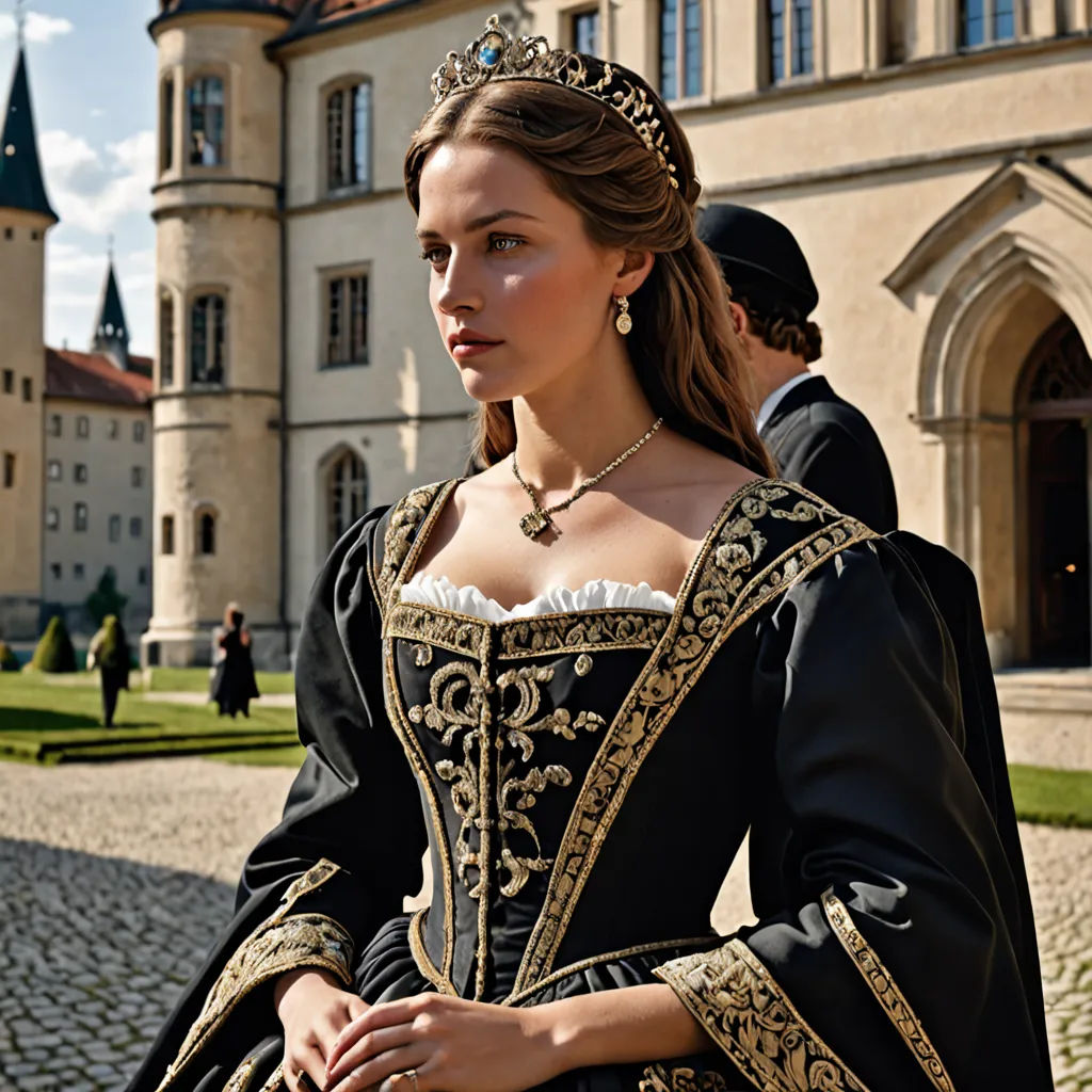 a woman in a black dress standing in front of a castle with a clock tower in the background and a man in a suit and tie, renaissance, a flemish Baroque, Anna Maria Barbara Abesch, promotional image