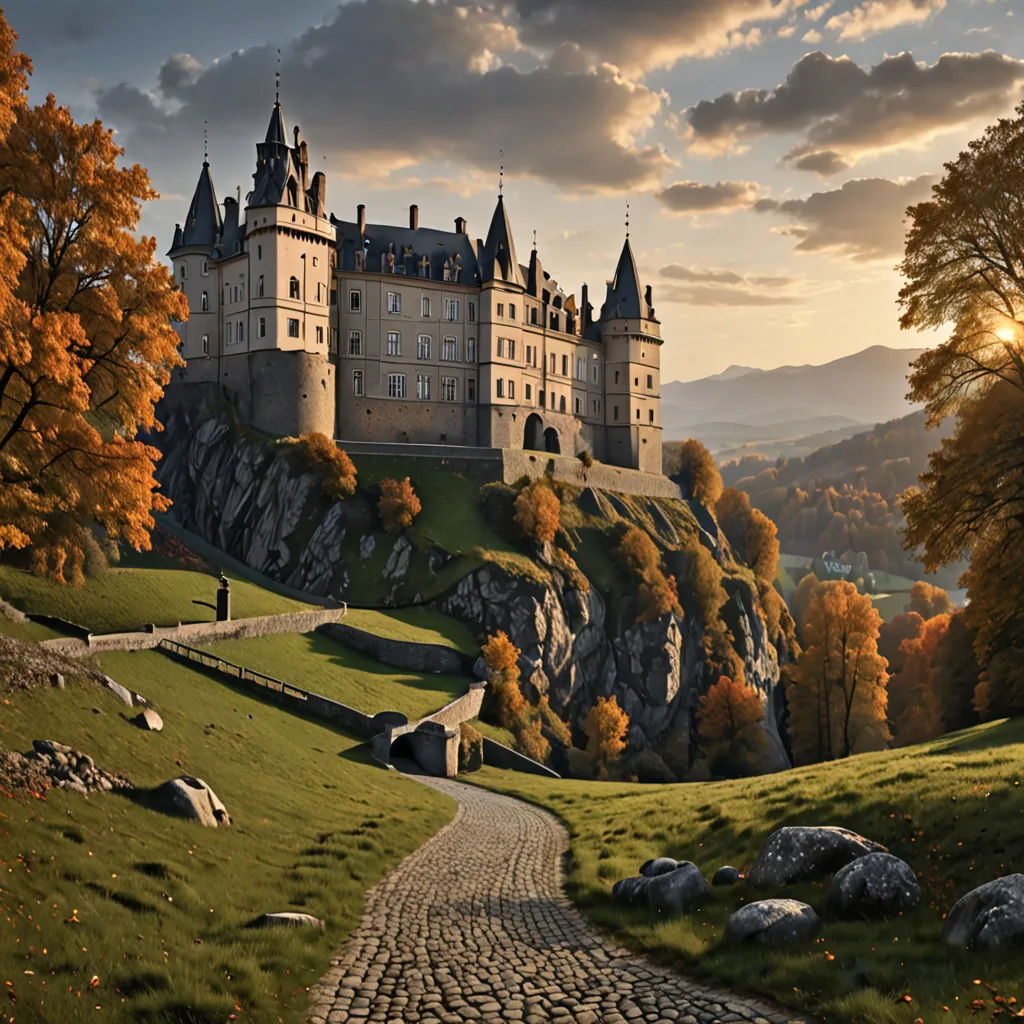 a castle on a hill with a path leading to it and a sunset in the background with clouds in the sky, german romanticism, a detailed matte painting, Evgeny Lushpin, matte painting