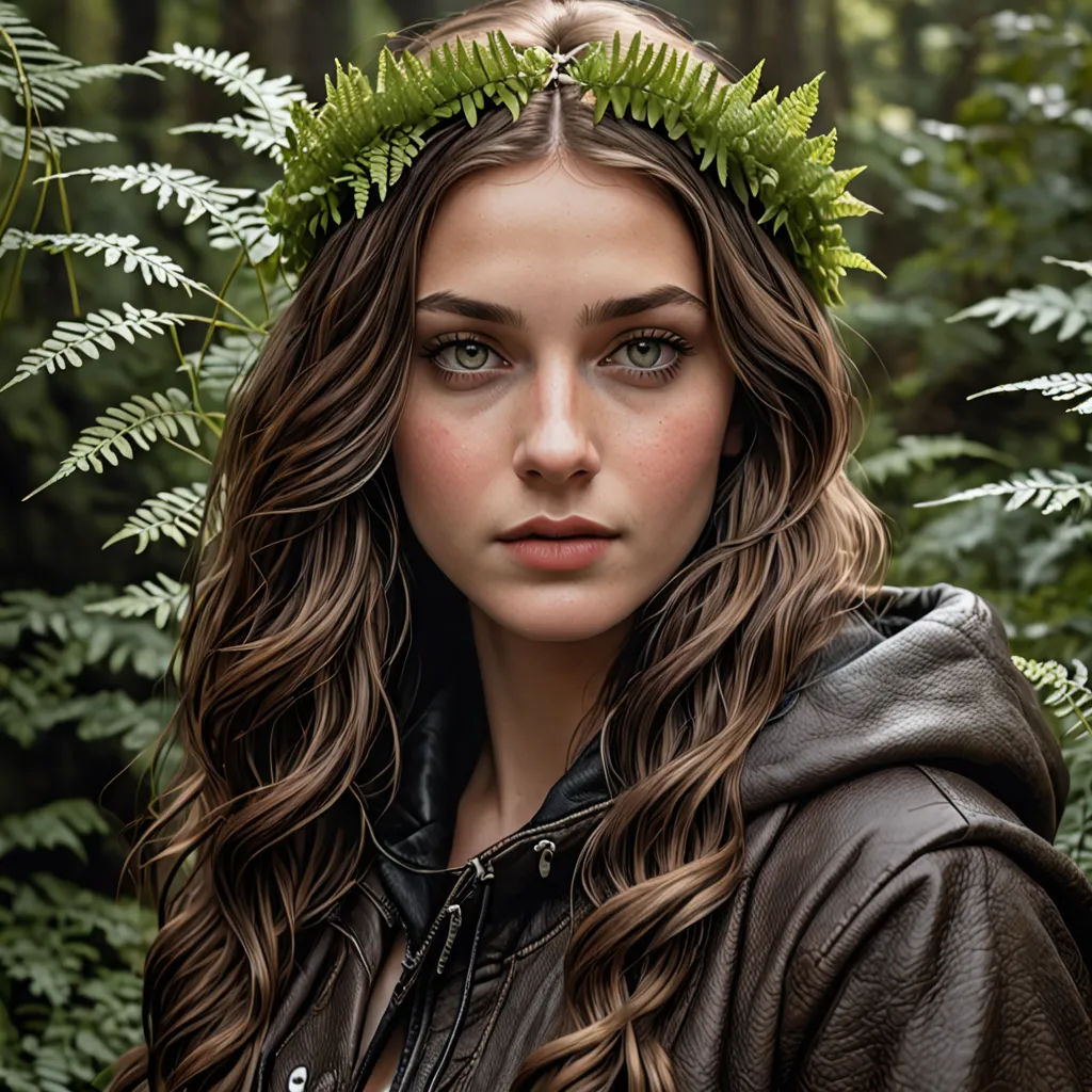 a woman with a wreath of leaves on her head in a forest of ferns and ferns, with a leather jacket on, art photography, a character portrait, Albert Nemethy, leesha hannigan