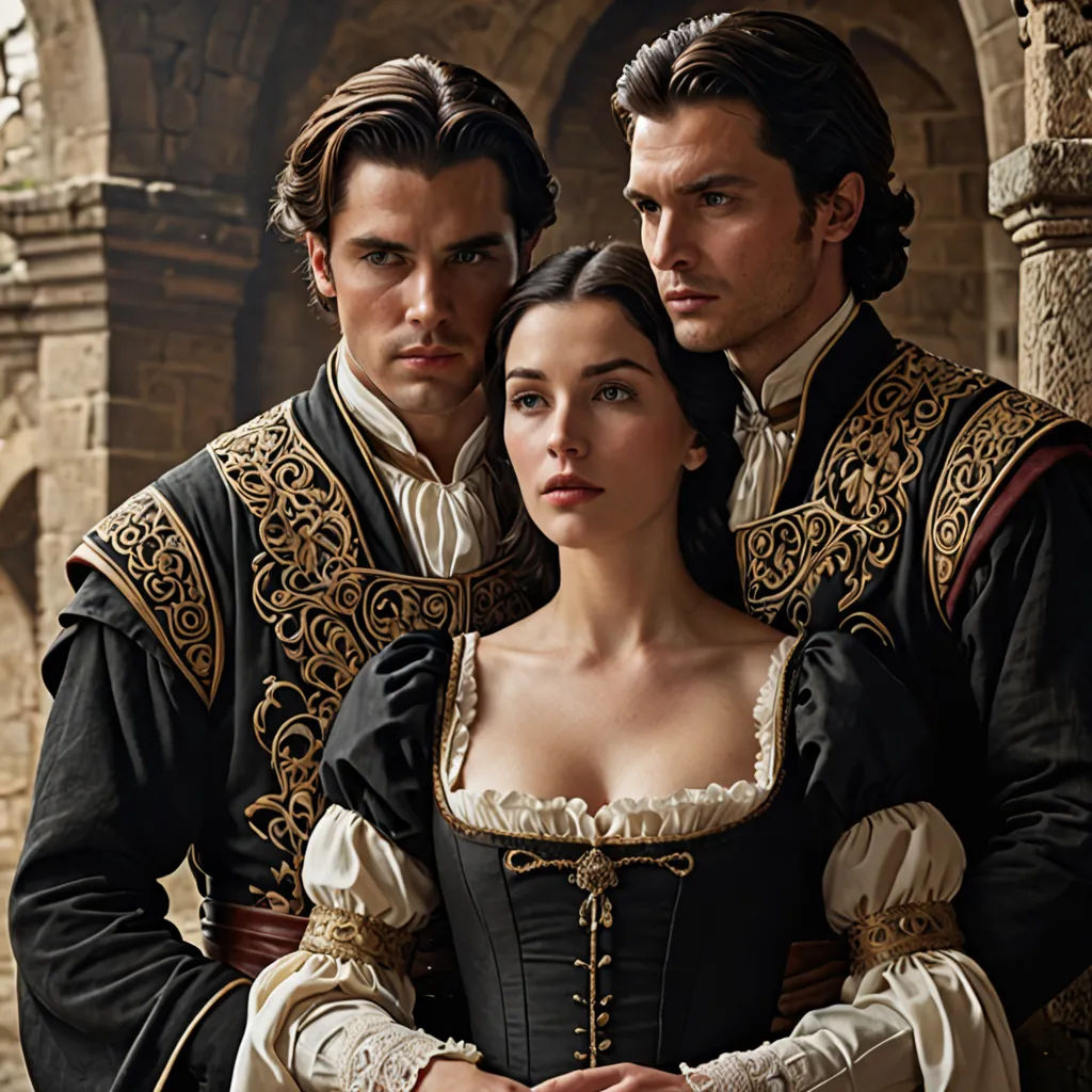 a man and a woman in renaissance clothing standing next to each other in a courtyard of a castle or castle, international gothic, a flemish Baroque, Araceli Gilbert, promotional image