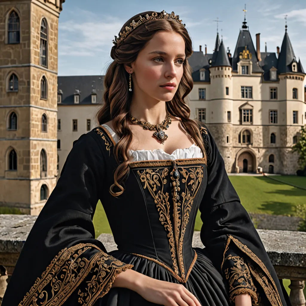 a woman in a black dress standing in front of a castle with a clock tower in the background and a castle in the background, gothic art, a flemish Baroque, Claire Falkenstein, promotional image