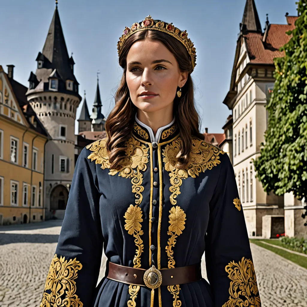 a woman in a medieval costume standing in front of a castle with a clock tower in the background and a cobblestone road, renaissance, a character portrait, Anna Maria Barbara Abesch, promotional image