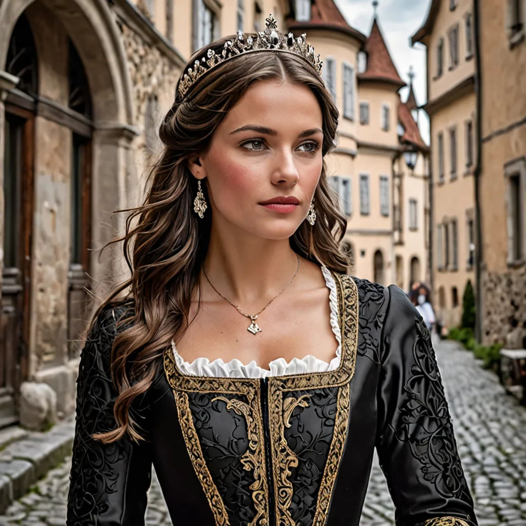 a woman in a black and gold dress and tiara standing in a cobblestone street in a european city, rococo, a photorealistic painting, Anna Maria Barbara Abesch, medieval