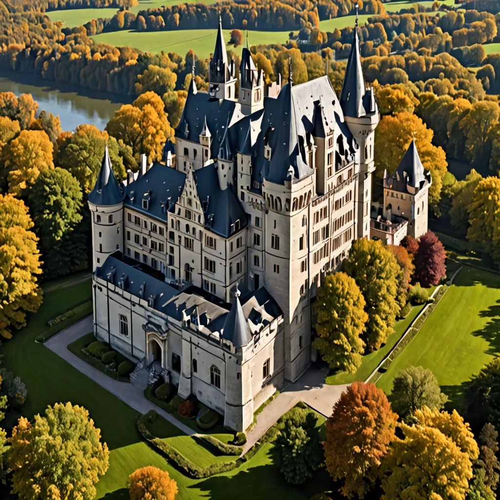 a large castle with a massive tower surrounded by trees and grass in the fall season with yellow and orange leaves, german romanticism, a detailed matte painting, Florence Engelbach, neo-gothic