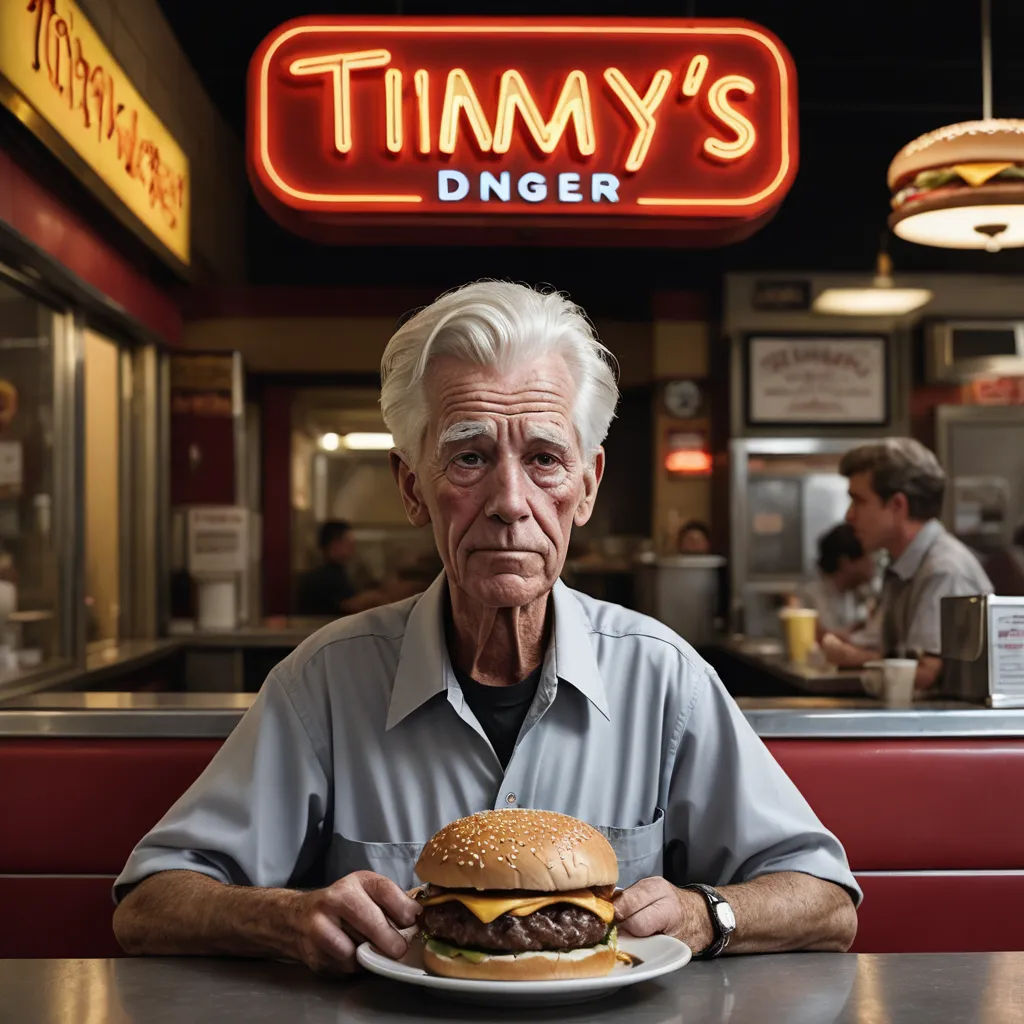 a man sitting at a table with a hamburger in front of him in a diner with a neon sign above him, american realism, a character portrait, Ed Benedict, award - winning photography