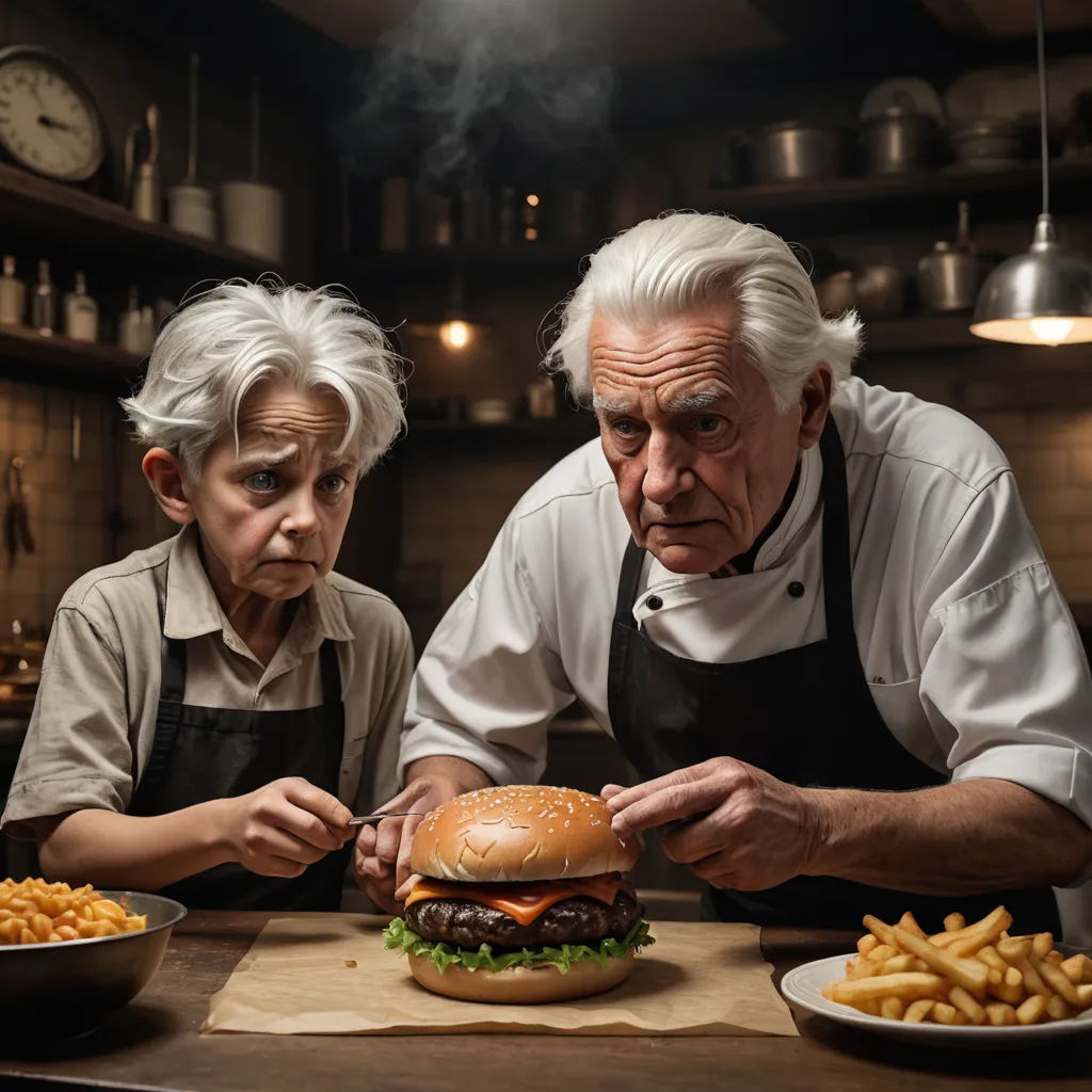 a man and a woman are preparing a hamburger and fries in a kitchen with a clock in the background, hyperrealism, a stock photo, Artur Tarnowski, professional food photography