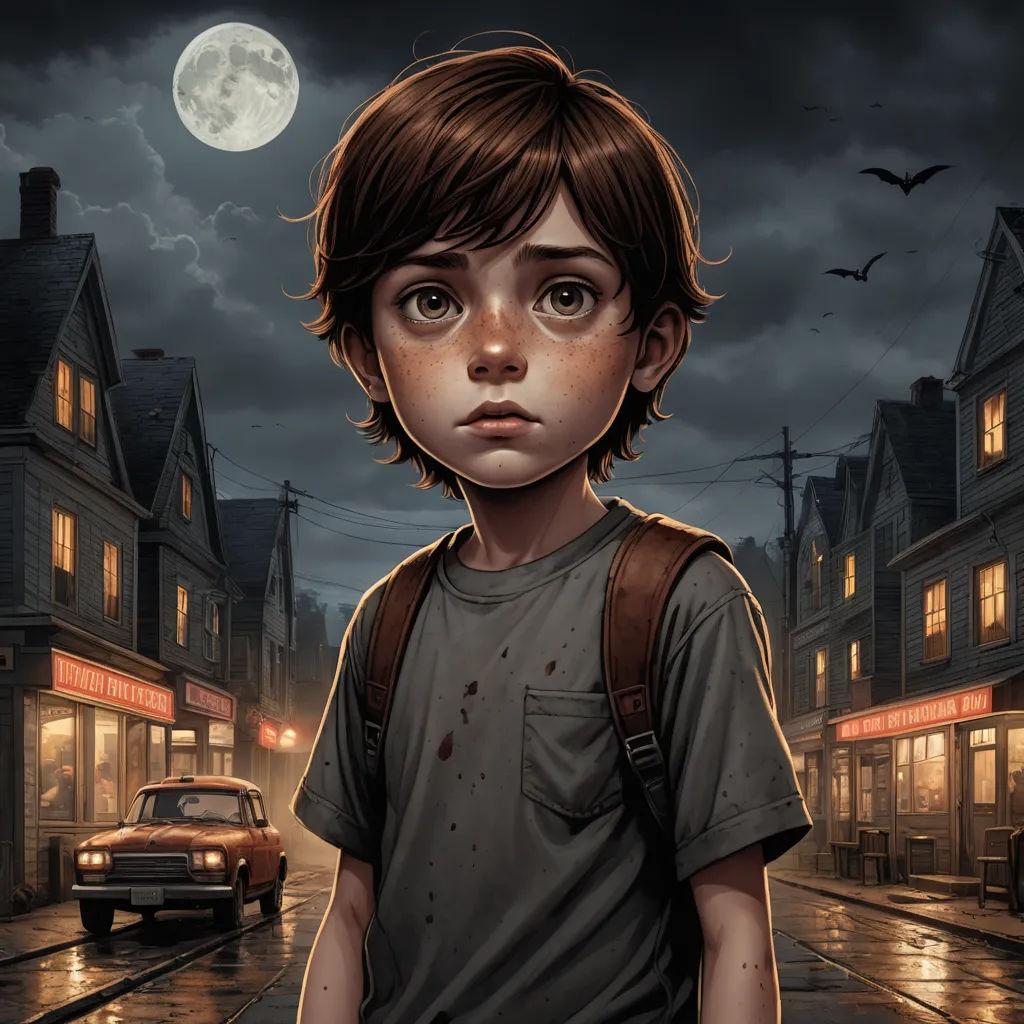 a young boy standing in the middle of a street at night with a full moon in the background and a car parked on the side of the road, photorealism, a detailed painting, Aaron Jasinski, highly detailed digital painting