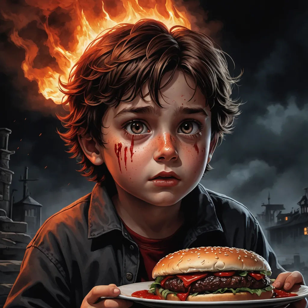 a boy holding a plate with a burger on it in front of a fire and smoke background with a building, hyperrealism, a hyperrealistic painting, Drew Struzan, highly detailed digital painting