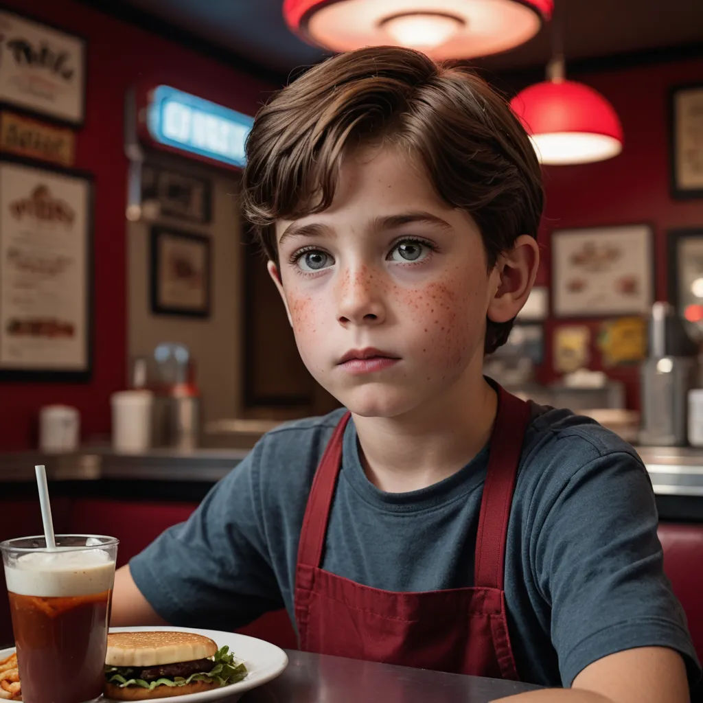 a young boy sitting at a table with a sandwich and a drink in front of him in a restaurant, american realism, a character portrait, Adam Rex, promotional image