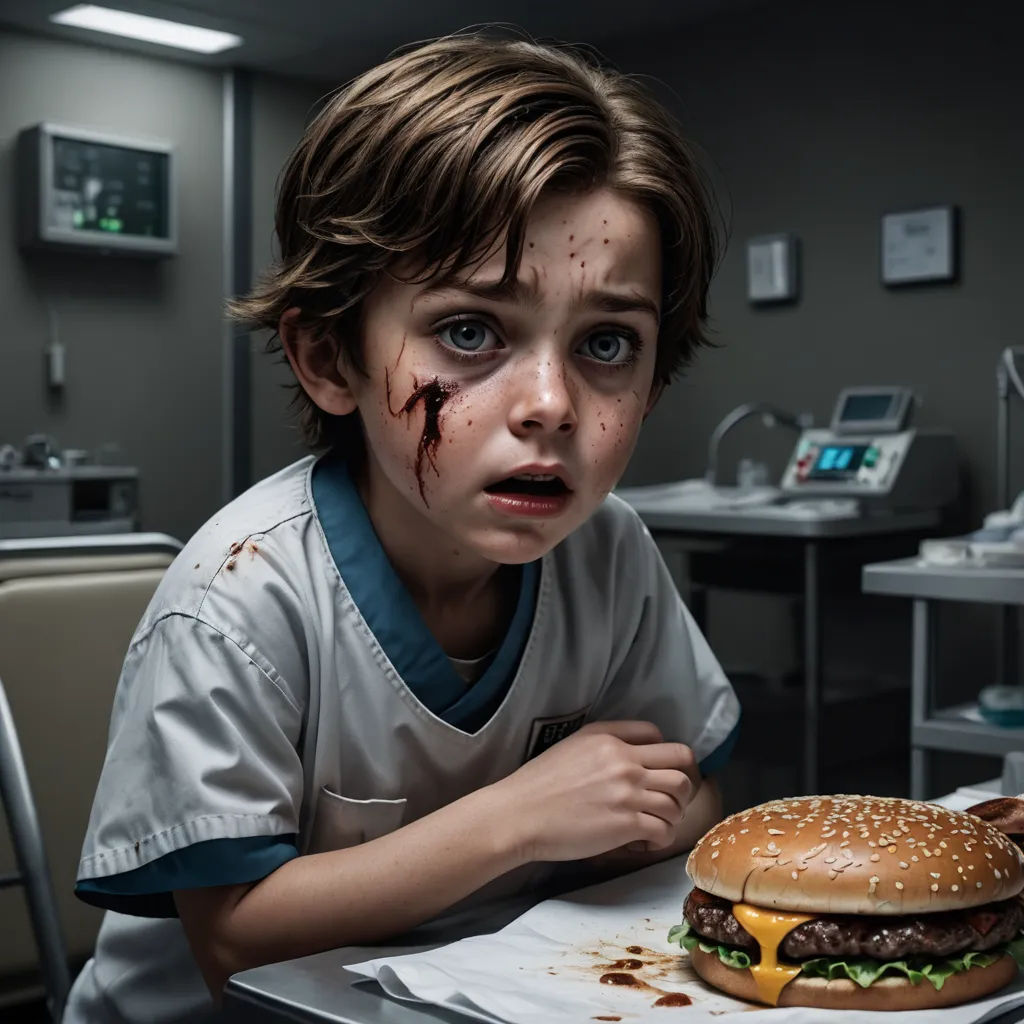 a boy with a bloody face sitting in front of a hamburger on a tray in a hospital room with a monitor, shock art, a hyperrealistic painting, Daniel Lieske, hyper real