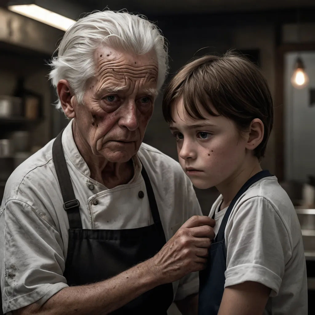 an old man and a young boy in a kitchen together, one of them is holding a knife and the other is looking at the camera, les automatistes, a poster, David Annand, promotional image