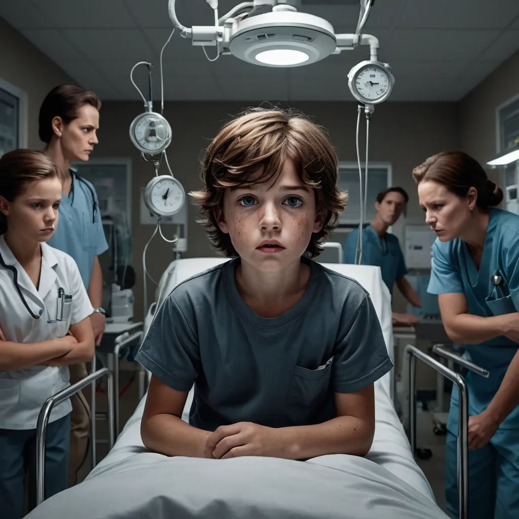 a boy in a hospital bed with nurses around him and a nurse in the background looking on from the hospital, neoplasticism, a stock photo, Daniel Lieske, promotional image