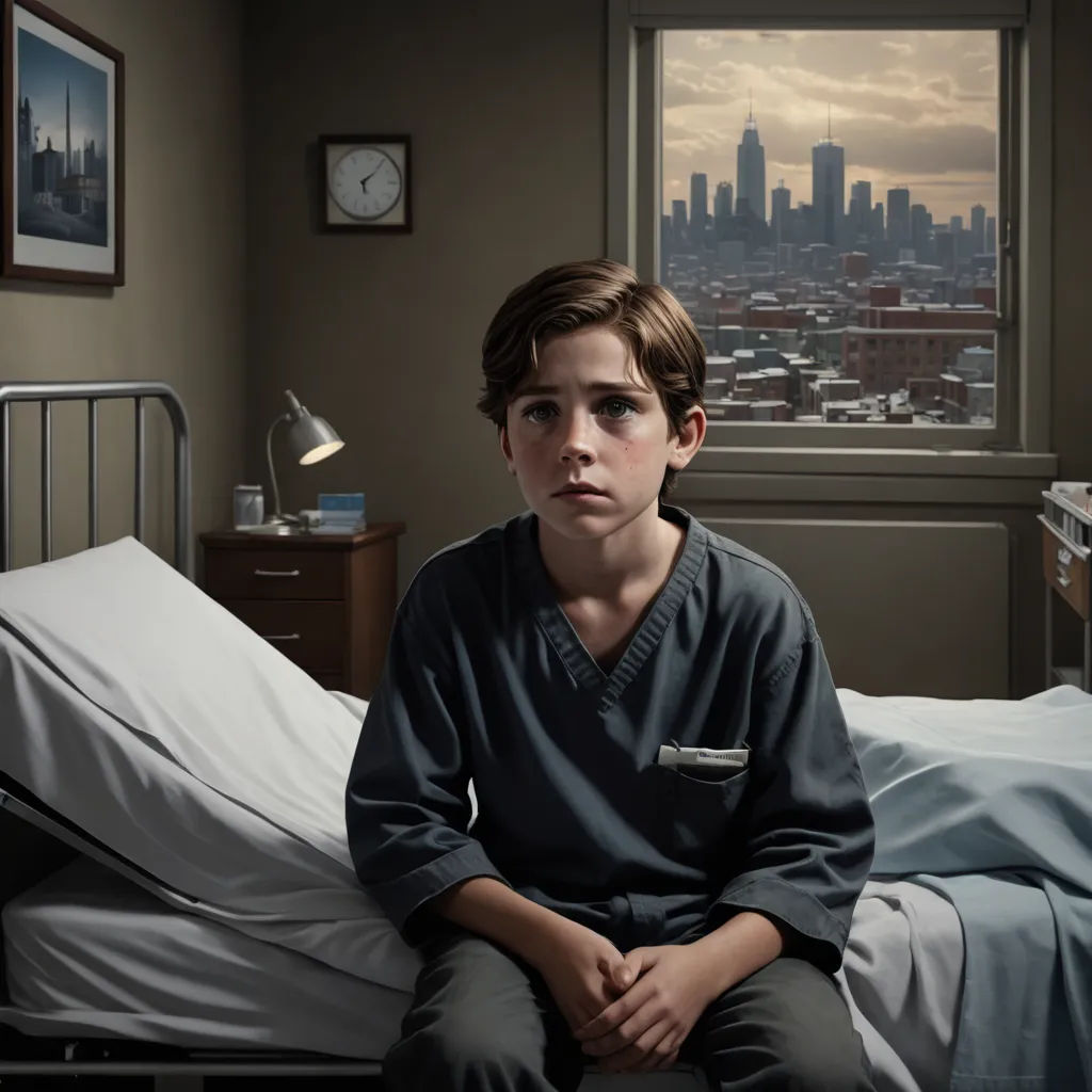 a boy sitting on a hospital bed in a room with a city view in the window and a clock on the wall, american realism, a hyperrealistic painting, Brad Kunkle, highly detailed digital painting