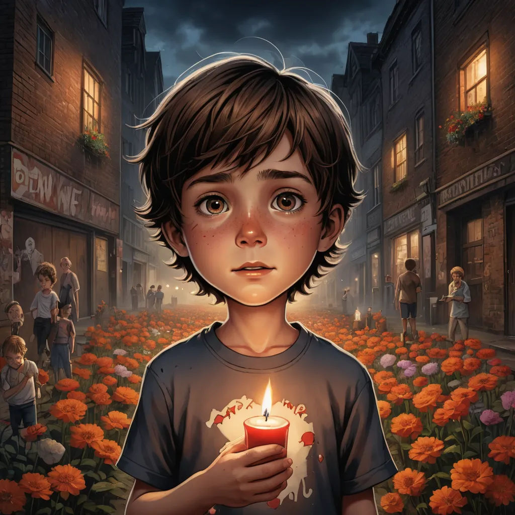 a boy holding a candle in a field of flowers in front of a building with a dark sky in the background, serial art, a detailed painting, Clint Cearley, rossdraws global illumination