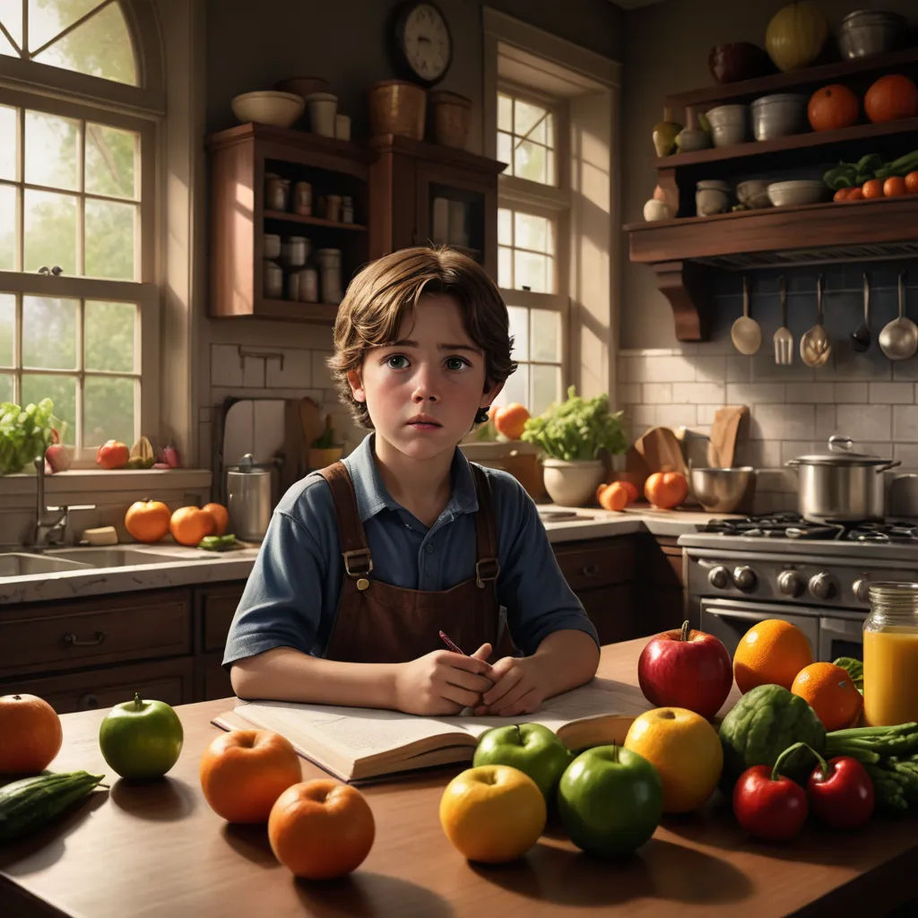 a boy sitting at a kitchen table with a book in front of him and a bunch of fruit and vegetables on the counter, photorealism, a photorealistic painting, Bob Byerley, highly detailed digital painting