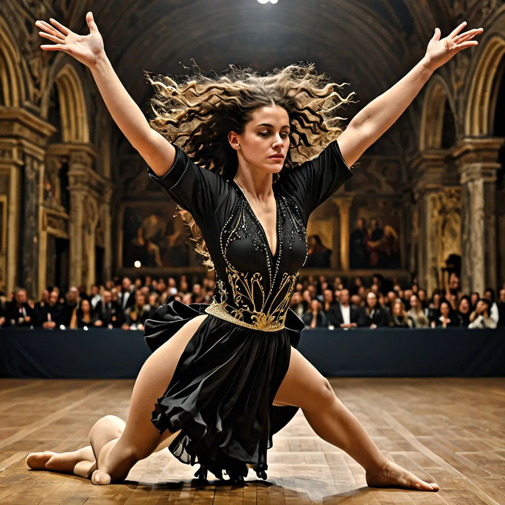 a woman in a black dress is dancing on a wooden floor with a crowd in the background and a stage with a large audience, renaissance, a photorealistic painting, Dino Valls, promotional image