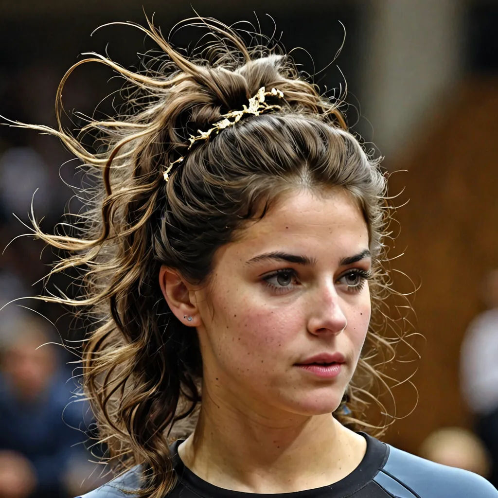 a woman with a messy ponytail and a black shirt is looking at the camera with a serious look on her face, rococo, a bronze sculpture, Christen Købke, athletic
