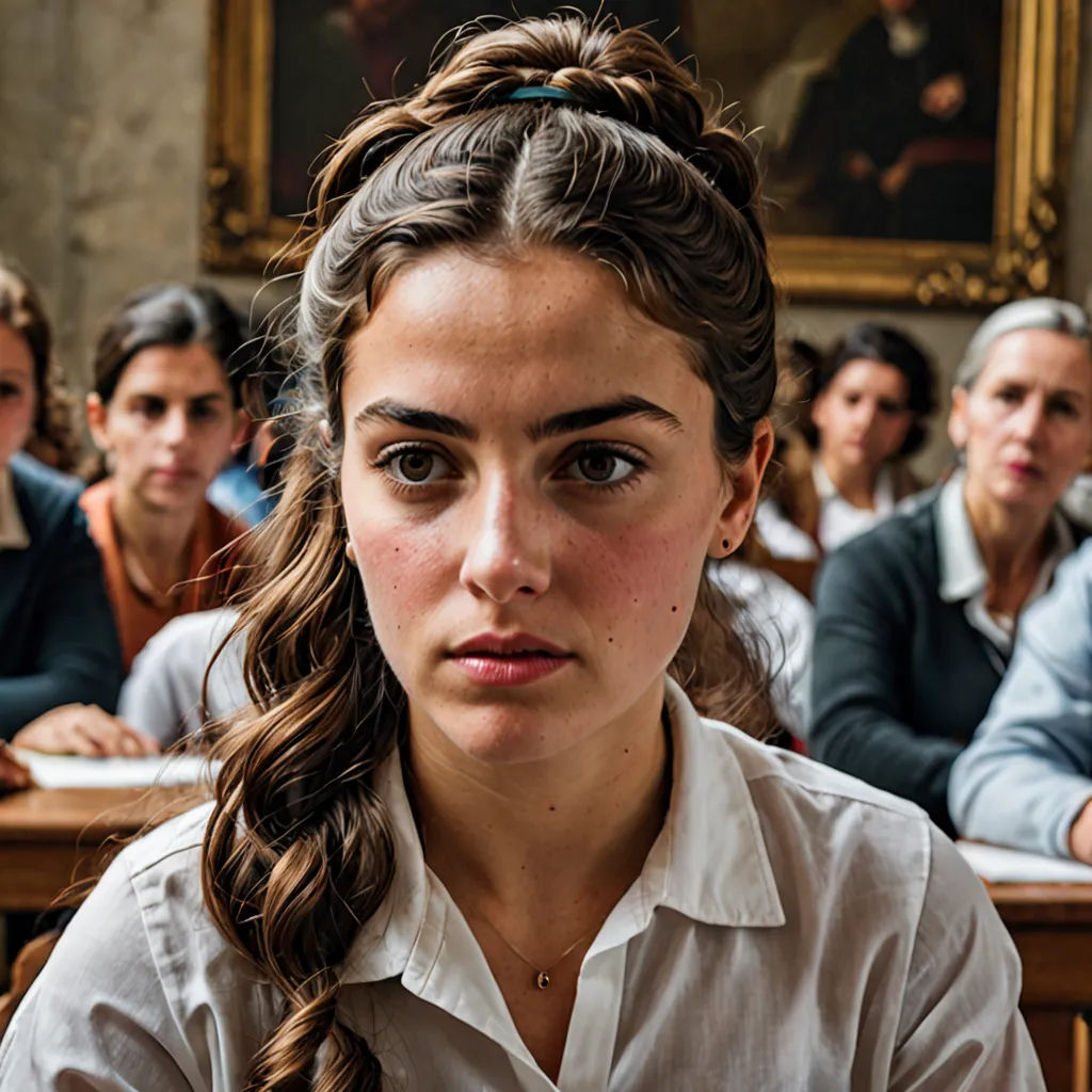 a girl with a serious look on her face in front of a group of people in a classroom with a painting on the wall, mannerism, a character portrait, Celia Fiennes, promotional image