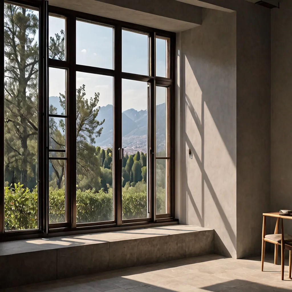 a chair and table in a room with large windows overlooking a mountain range and trees outside of the window, light and space, a 3D render, David Chipperfield, unreal 5 render