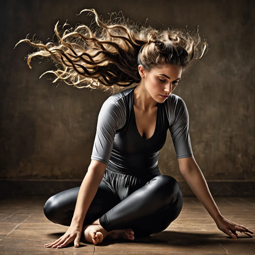 a woman with long hair sitting on the floor in a pose with her hair blowing in the wind,, arabesque, a character portrait, Fabien Charuau, flowing hair
