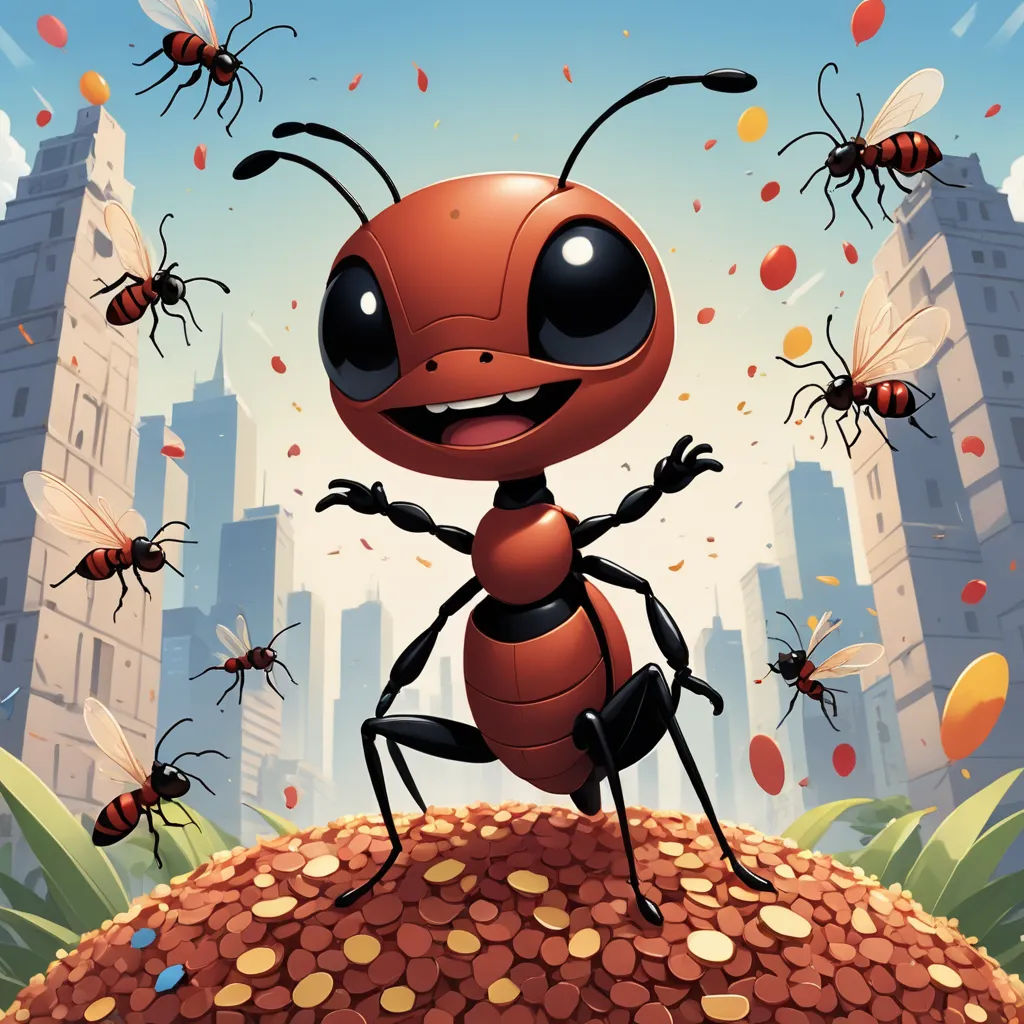 a cartoon ant standing on top of a pile of coins with a city in the background with lots of flies, lyco art, poster art, Chris LaBrooy, official art