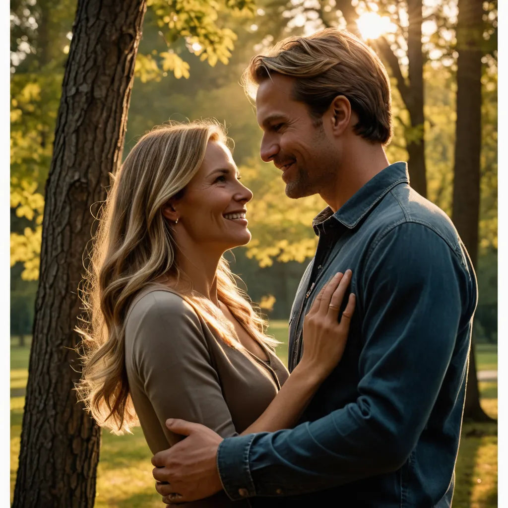 a man and woman are smiling together in the woods at sunset or sunrise time, with the sun shining through the trees, private press, a poster, Anne Rigney, promotional image