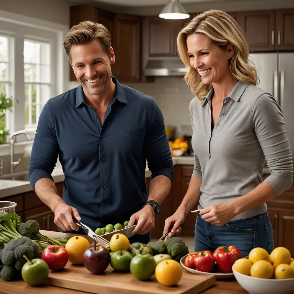a man and woman cutting vegetables on a cutting board in a kitchen together, smiling at the camera,, private press, a stock photo, Dan Scott, promotional image