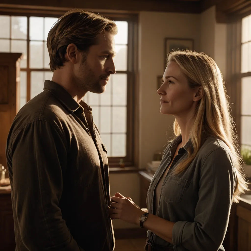 a man and a woman standing in a kitchen looking at each other and smiling at each other with a window in the background, american scene painting, a poster, Elinor Proby Adams, promotional image