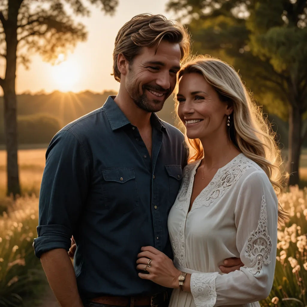 a man and woman standing in a field of flowers at sunset with the sun behind them and trees in the background, private press, a stock photo, Drew Tucker, promotional image