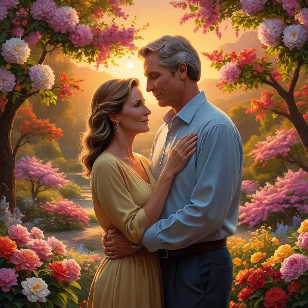 a painting of a man and woman in a garden of flowers with a sunset behind them and a river running through them, american scene painting, an ultrafine detailed painting, Edwin Georgi, kinkade